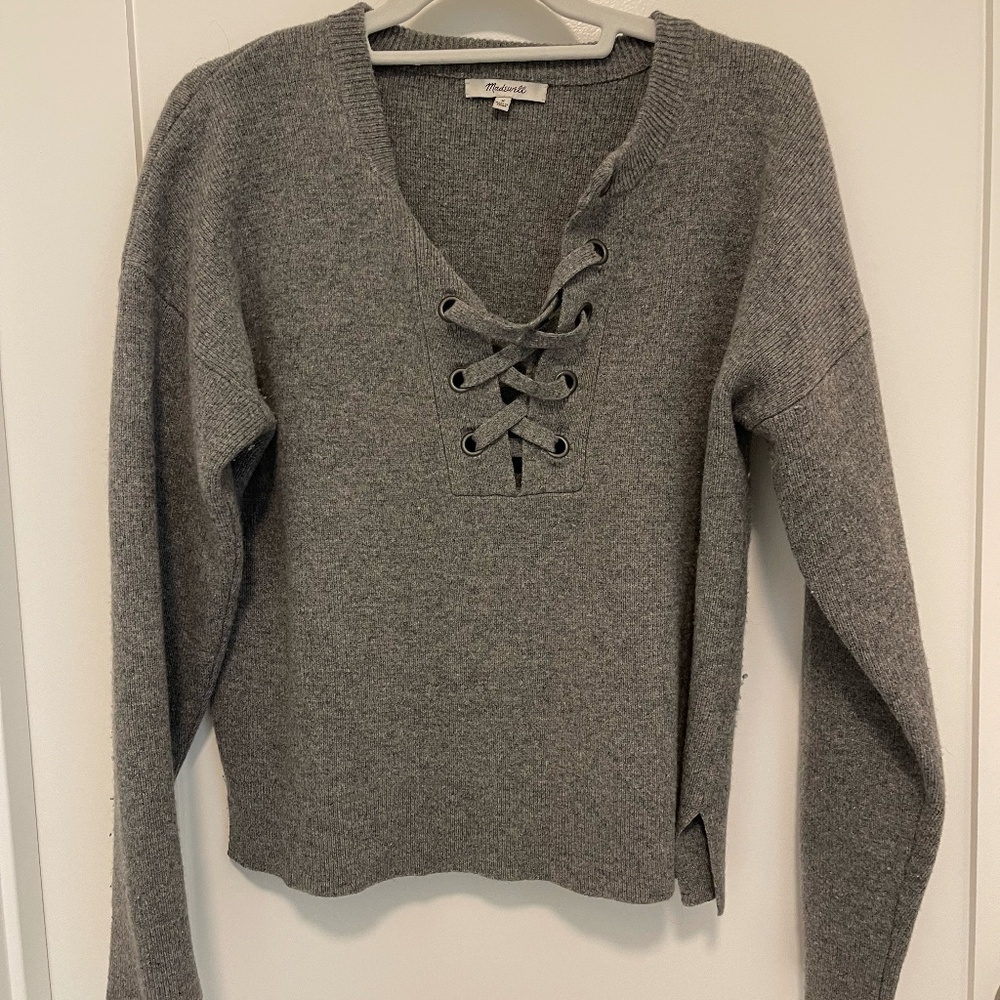 Madewell Jameson Women's M Gray 100% Merino Wool Lace Up Sweater